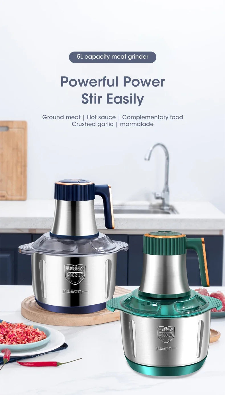5L Food Processors Stainless Steel Multifunctional Electric Meat Grinder Kitchen Blenders  for Kitchen Meat Vegetables Blenders