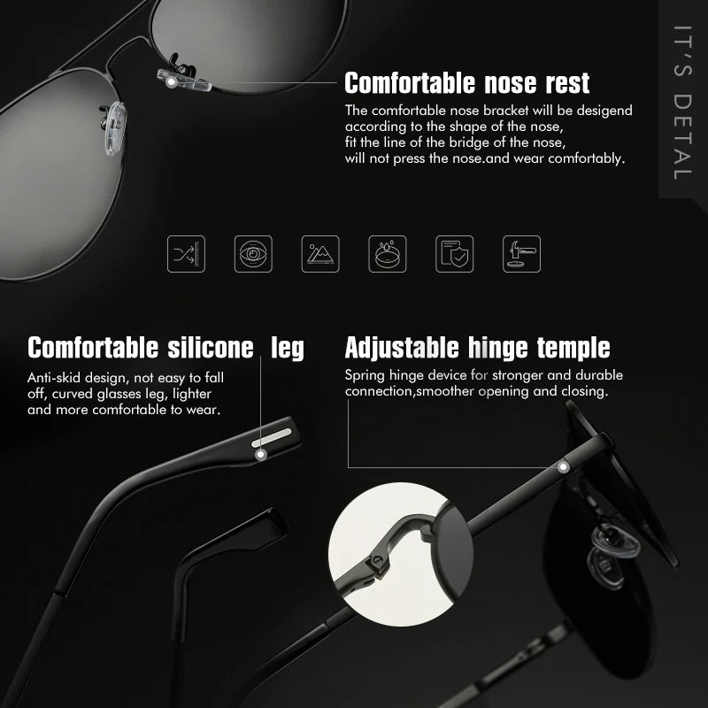 Black sunglasses with comfortable nose rest, silicone legs, and adjustable hinge temple features