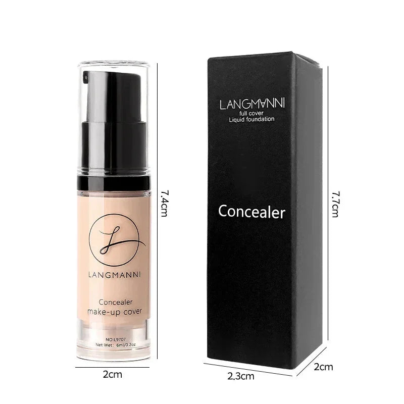 Liquid concealer makeup cover in pump bottle with black packaging and dimension labels