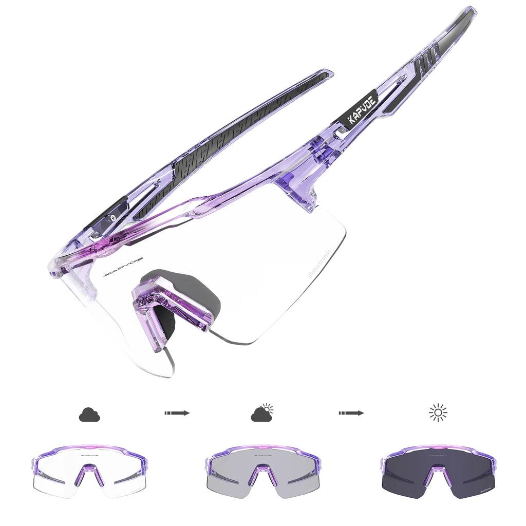 Purple rimless photochromic sports sunglasses with UV protection, adaptive lenses