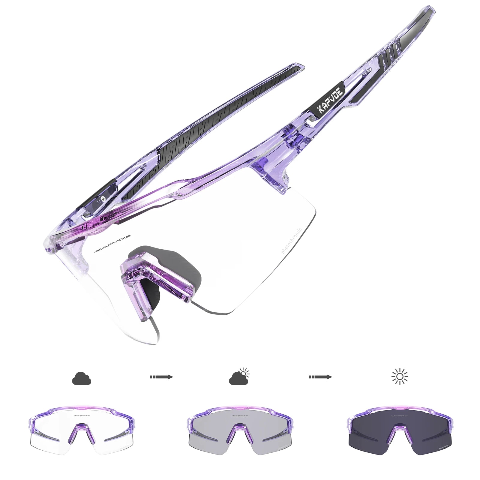 Purple rimless photochromic sports sunglasses with UV protection, adaptive lenses