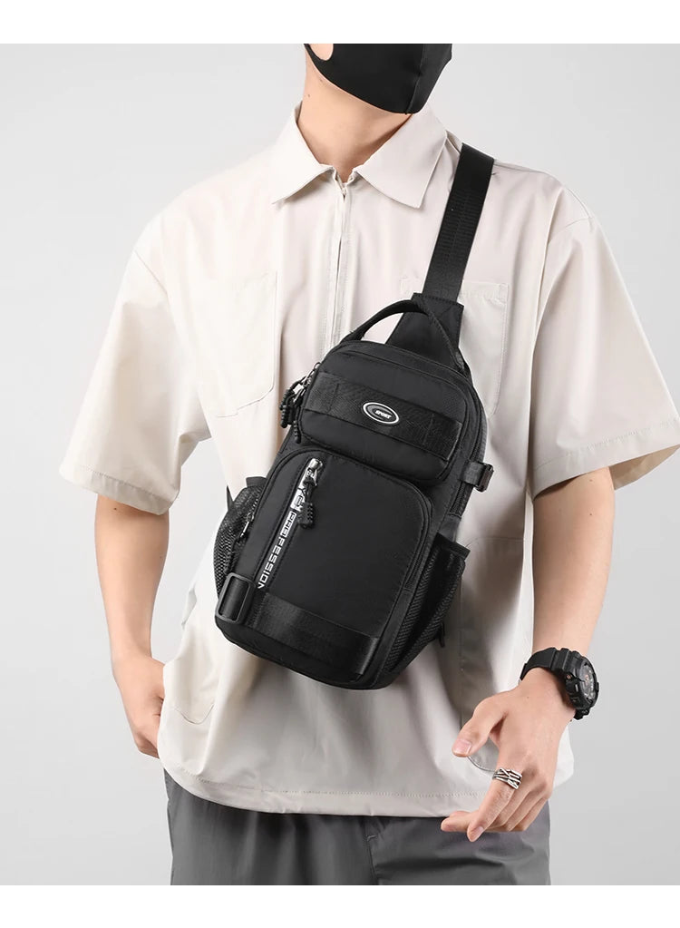 Fashionable Men's Crossbody Bag Student Casual Waist Bag Nylon Material Zipper Closure Soft Handle Multi-Compartment Pack