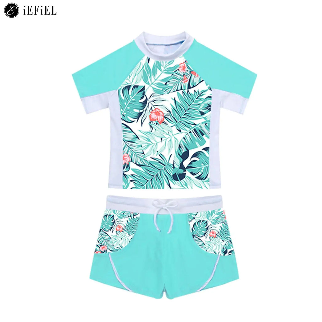 Kids Girls 2 Piece Rash Guard Set Swimwear Floral Print Short Sleeve Swim Shirt with Booty Shorts Tankini Swimsuit Bathing Suit