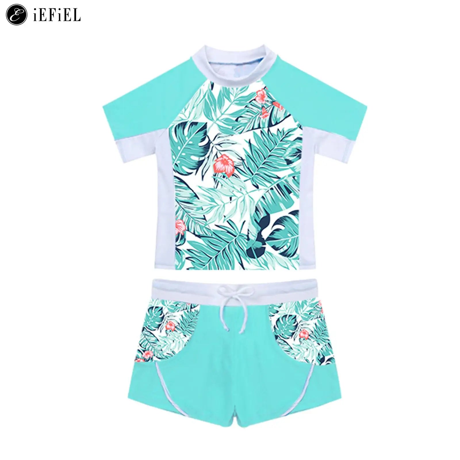 Kids Girls 2 Piece Rash Guard Set Swimwear Floral Print Short Sleeve Swim Shirt with Booty Shorts Tankini Swimsuit Bathing Suit