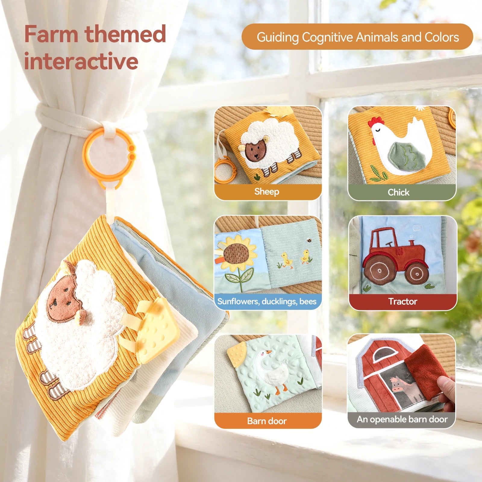 Soft Sensory Farm Animal Baby Books Mobile Toy Newborns Early Educational Fabric Book with Mirror & Sound Paper for Babies 6-12M