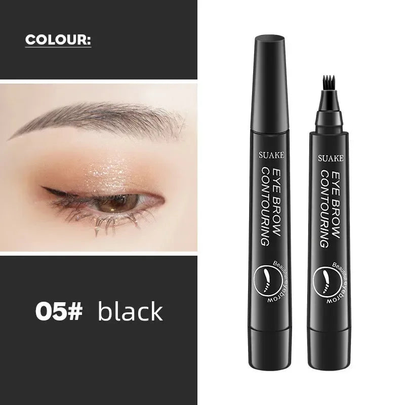 Black eyebrow contouring pen with four-tip applicator and model eyebrow closeup