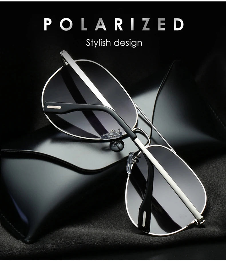 Polarized aviator sunglasses with black frames, showcased on a black case