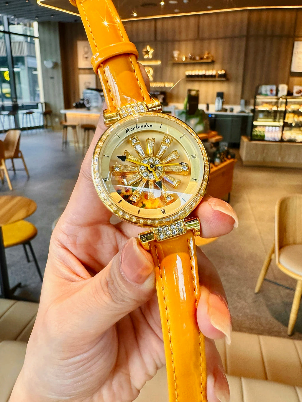 Fashionable Women's Watch With Transparent Back, Diamond Inlaid, Rotating Galaxy Dial, Sunflower Design Waterproof Quartz Watch