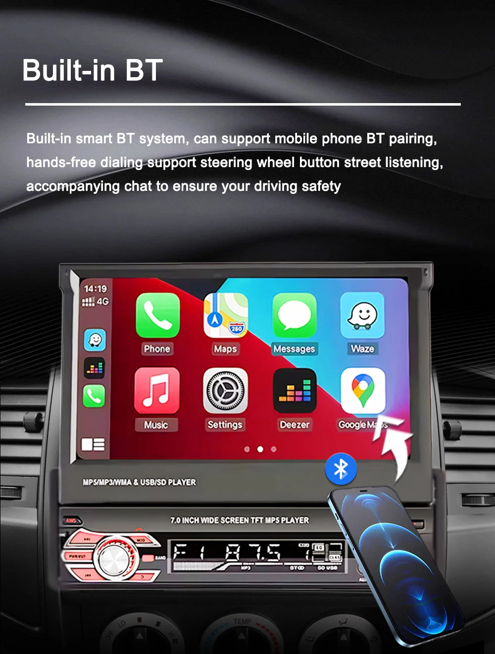 1 Din MP5 Player 7 Inch Carplay Android Auto Universal  Manual Automatic Retractable Touch Screen Car Player FM Radio