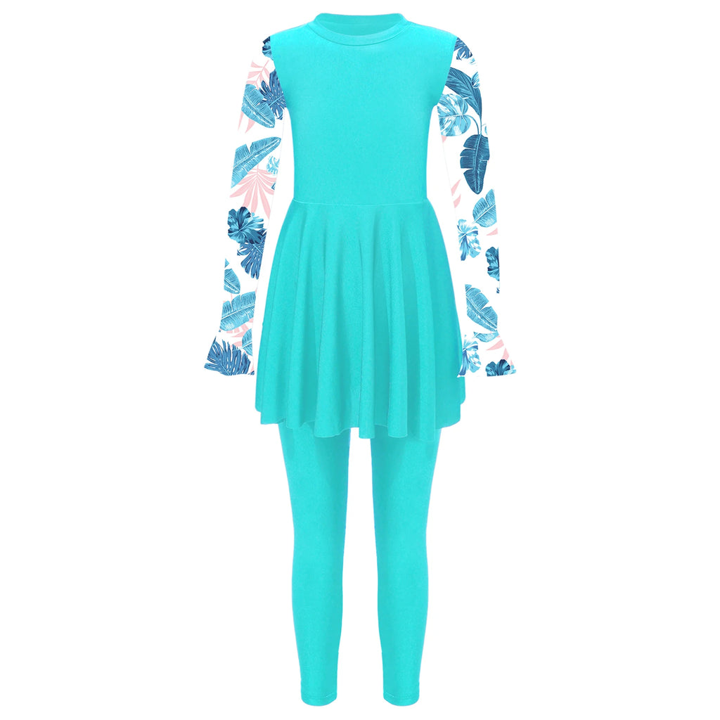 Girls Swimsuits 2 Piece Rash Guard Set UPF 50 Sun Protection Long Sleeve Swim Dress with Leggings Kids Full Body Cover Beachwear