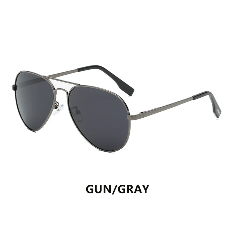 Gray aviator sunglasses with dark lenses and metal frame, labeled gun gray.