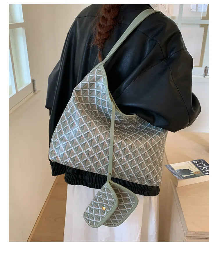 Large Capacity Women's Shoulder Bag Fashionable Commuter Tote Bag Soft PU Leather Printed Geometric Pattern Autumn New Arrival