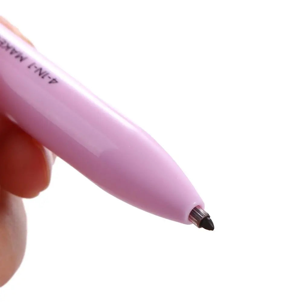 Close-up of a pink 4-in-1 makeup pen with black retractable tip