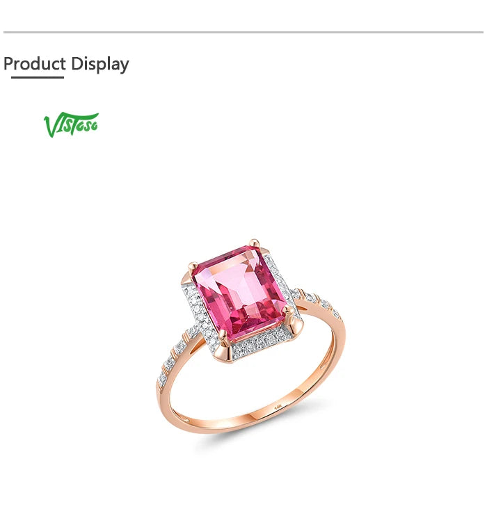 VISTOSO Genuine 14K 585 Rose Gold Solitaire Rings For Women Sparkling Diamond Pink Topaz Rectangle Gorgeous Fine Fashion Jewelry
