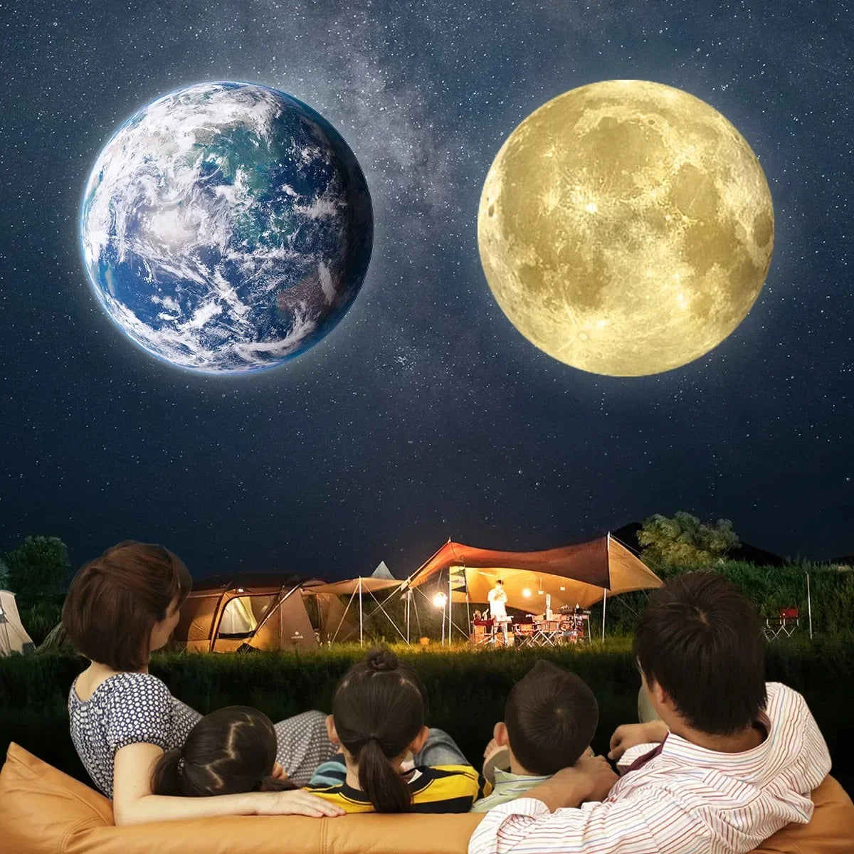 Family camping at night with glowing Earth and Moon lights in the starry sky