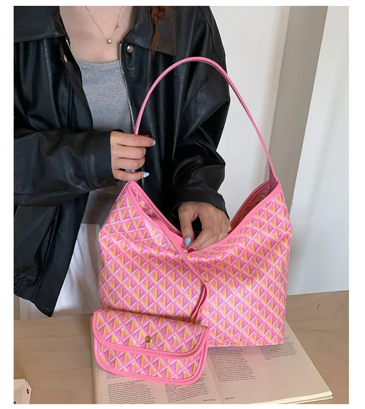Large Capacity Women's Shoulder Bag Fashionable Commuter Tote Bag Soft PU Leather Printed Geometric Pattern Autumn New Arrival