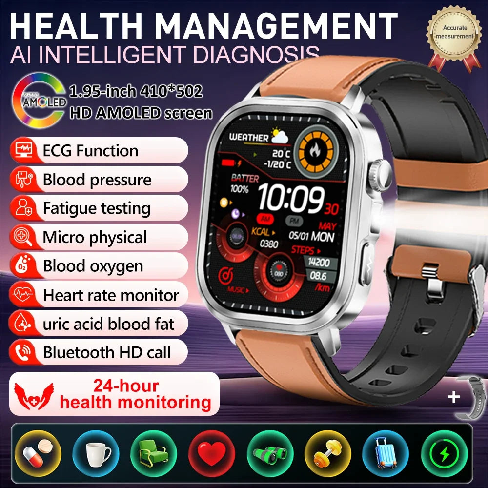 New Accurate Blood Pressure Smart Watch Uric Acid ECG+PPG Blood Oxygen Body Analysis Body Fat LED Flashlight smart watches 2025