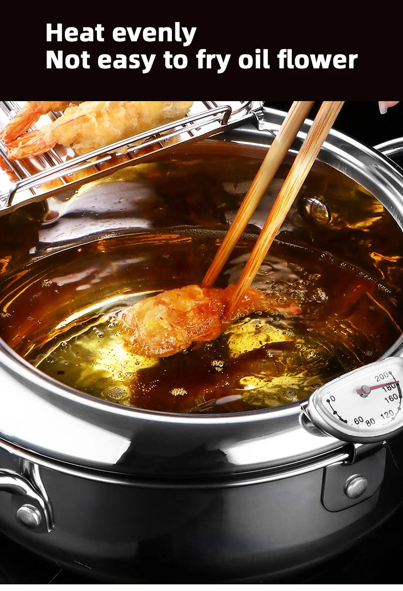 Japanese Deep Frying Pot With A Thermometer And A Lid Fryer Pan 304 Stainless Steel Kitchen Tempura Oil Frying Pan Fryer
