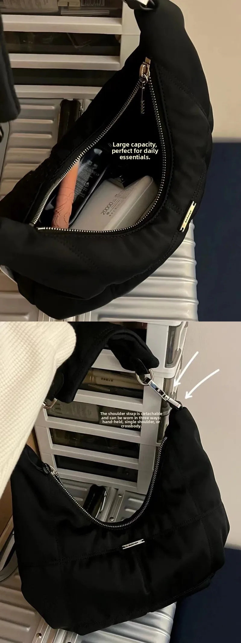 Retro Black Cloud Handbag Women's Shoulder Bag Crescent Bag Underarm Bag Fashionable Nylon Pure Color Casual Crossbody Bag