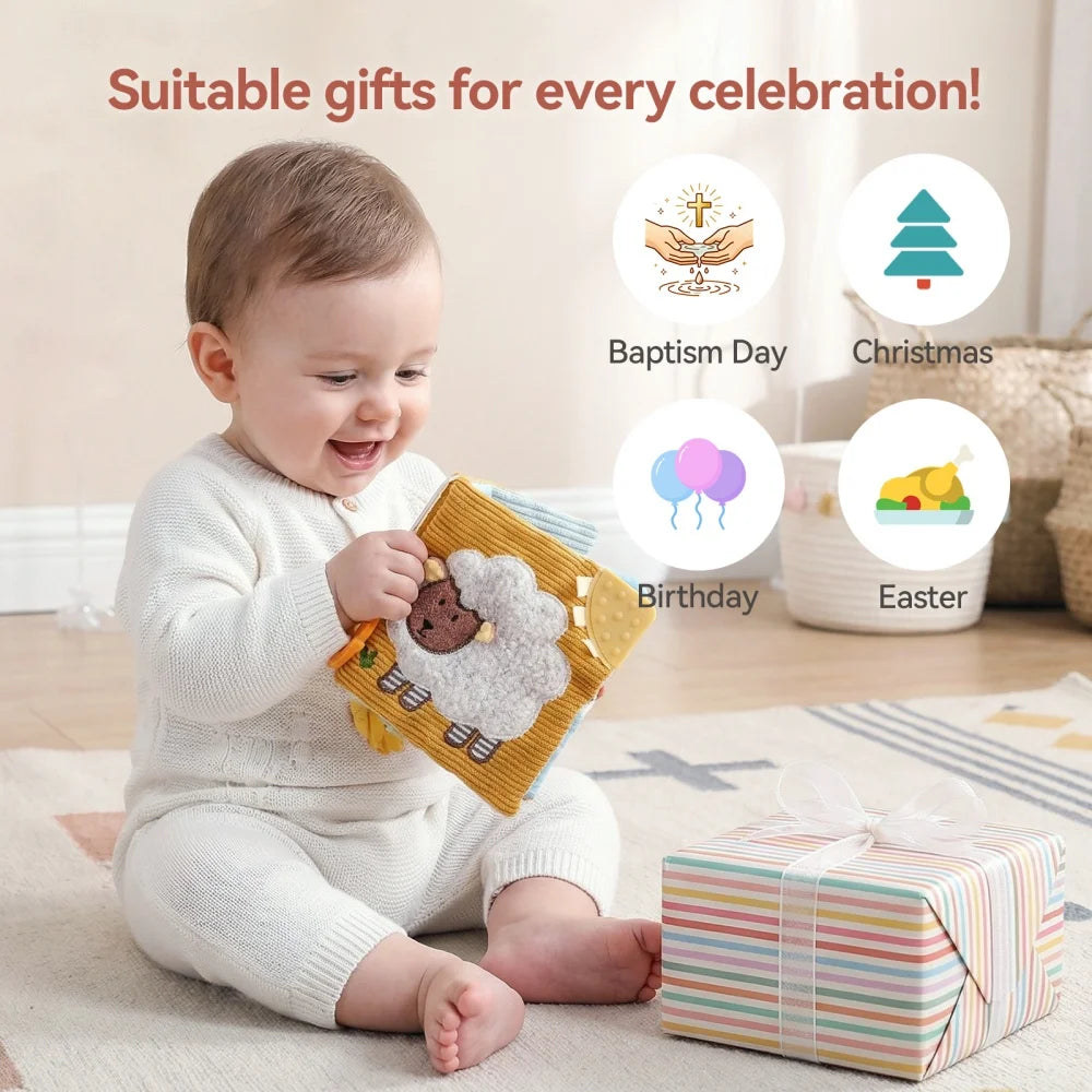 Soft Sensory Farm Animal Baby Books Mobile Toy Newborns Early Educational Fabric Book with Mirror & Sound Paper for Babies 6-12M