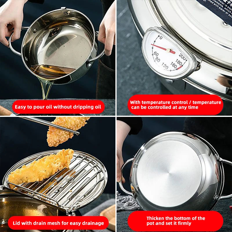Japanese Deep Frying Pot With A Thermometer And A Lid Fryer Pan 304 Stainless Steel Kitchen Tempura Oil Frying Pan Fryer