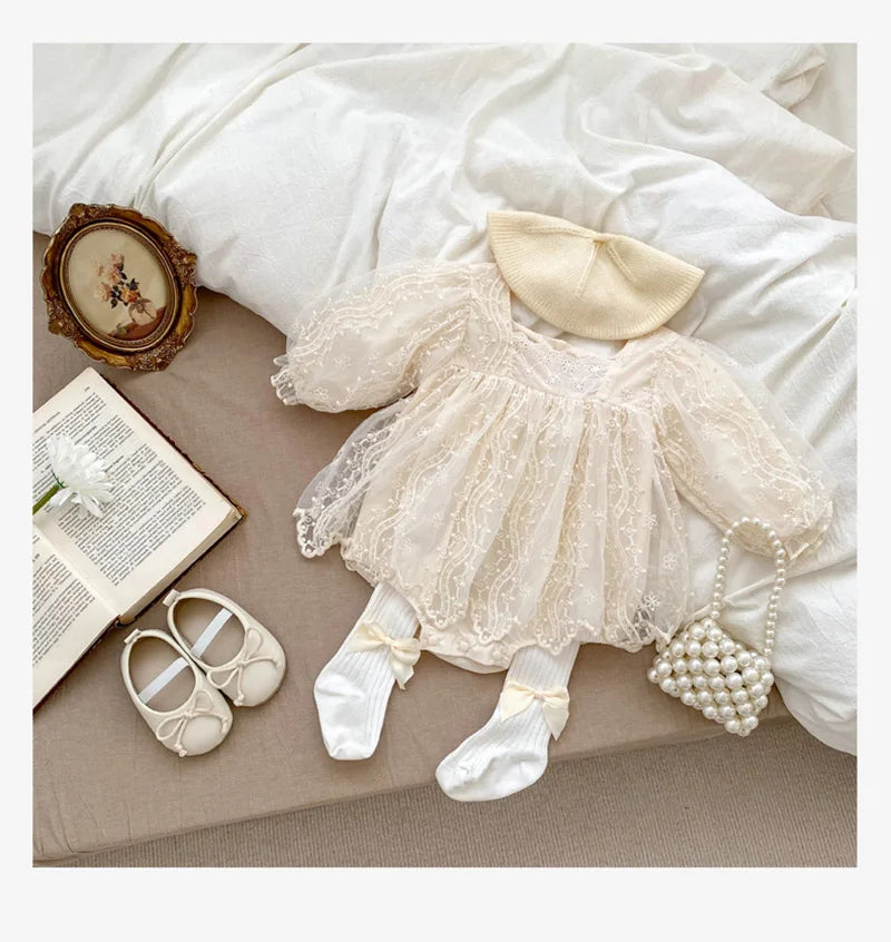 MILANCEL Toddler Baby Girls Lace Bodysuit Mesh False 2pcs Infant Princess Bodysuit Dress Clothing One Piece