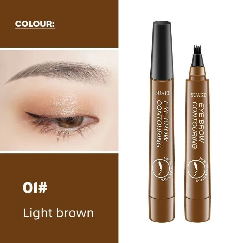 Light brown eyebrow contouring pen with dual-tip applicator shown beside a styled eyebrow.