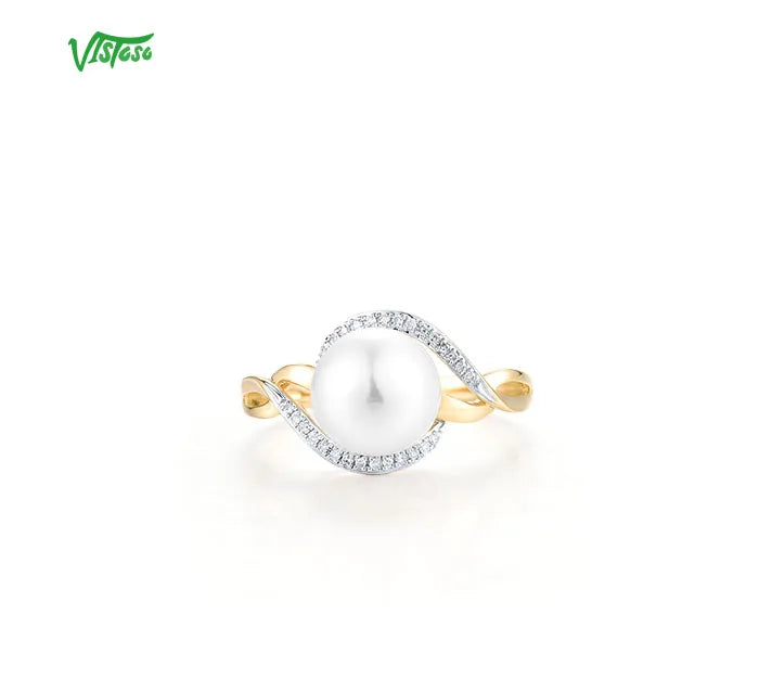 VISTOSO Genuine 14K 585 Yellow Gold Ring For Women Sparkling Diamonds Fresh Water Pearl Delicate Party Fashion Fine Jewelry