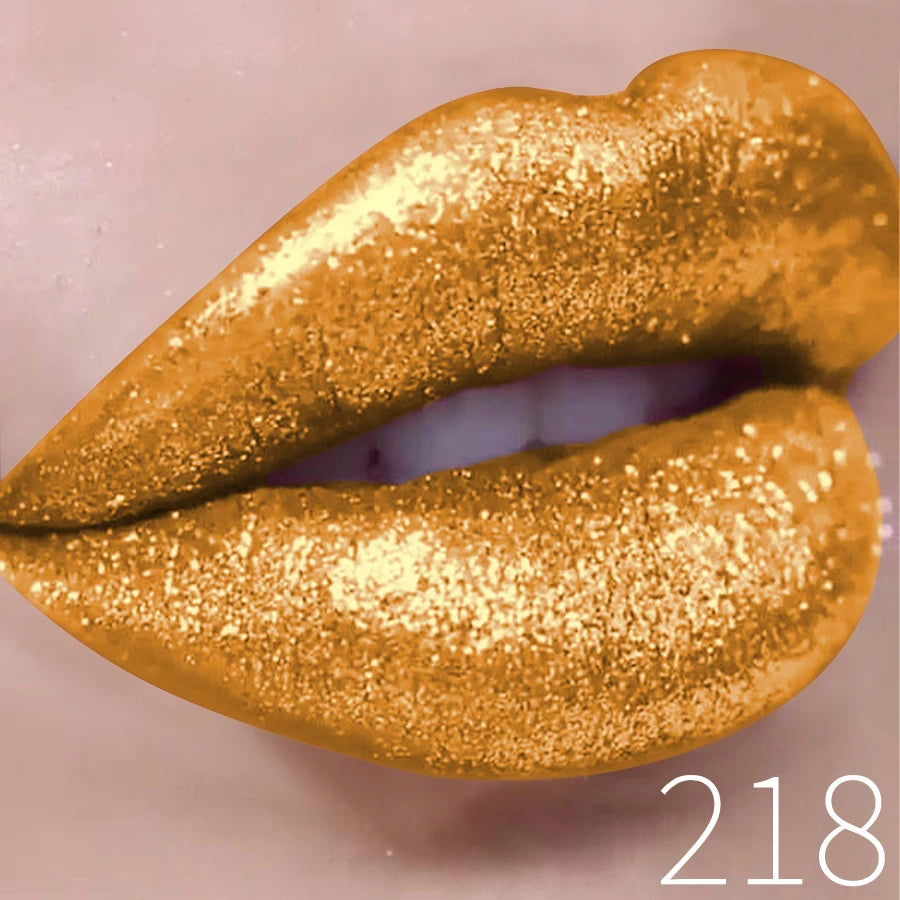 Close-up of lips with metallic gold glitter lipstick, shade number 218.