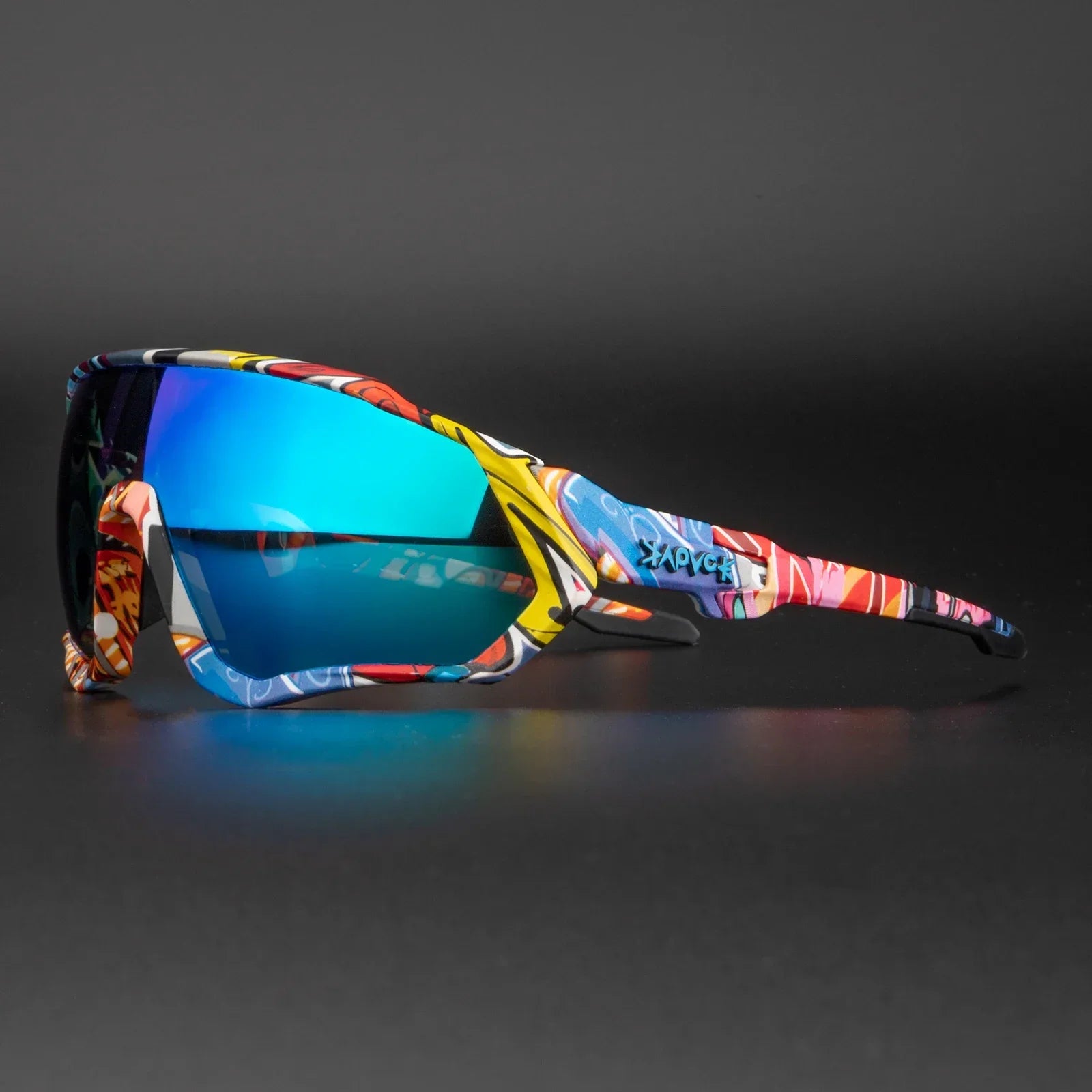 Colorful sports sunglasses with mirrored blue lenses on a dark background