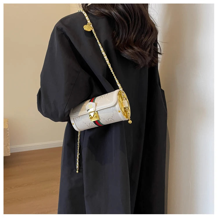 Fashionable Retro Summer Women's Chain Crossbody Bag Trendy Cylinder Bag Soft PU Leather Casual Style Small Size Korean Style