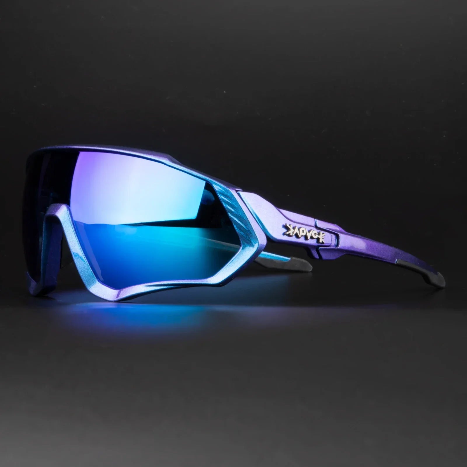 Futuristic purple sports sunglasses with blue mirrored lenses on black background