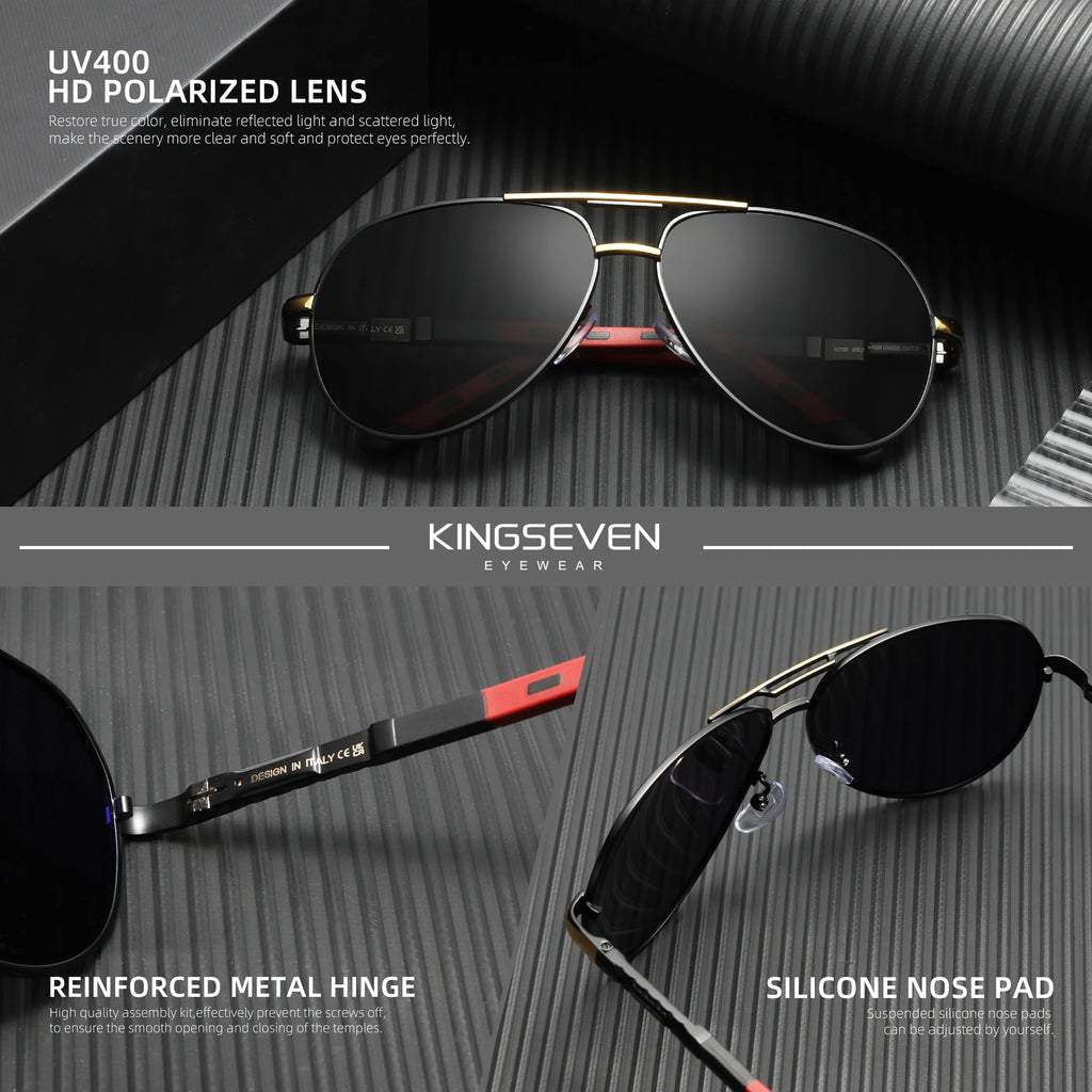 Black aviator sunglasses with gold bridge, polarized UV400 lenses, red-accented arms, silicone nose pads.