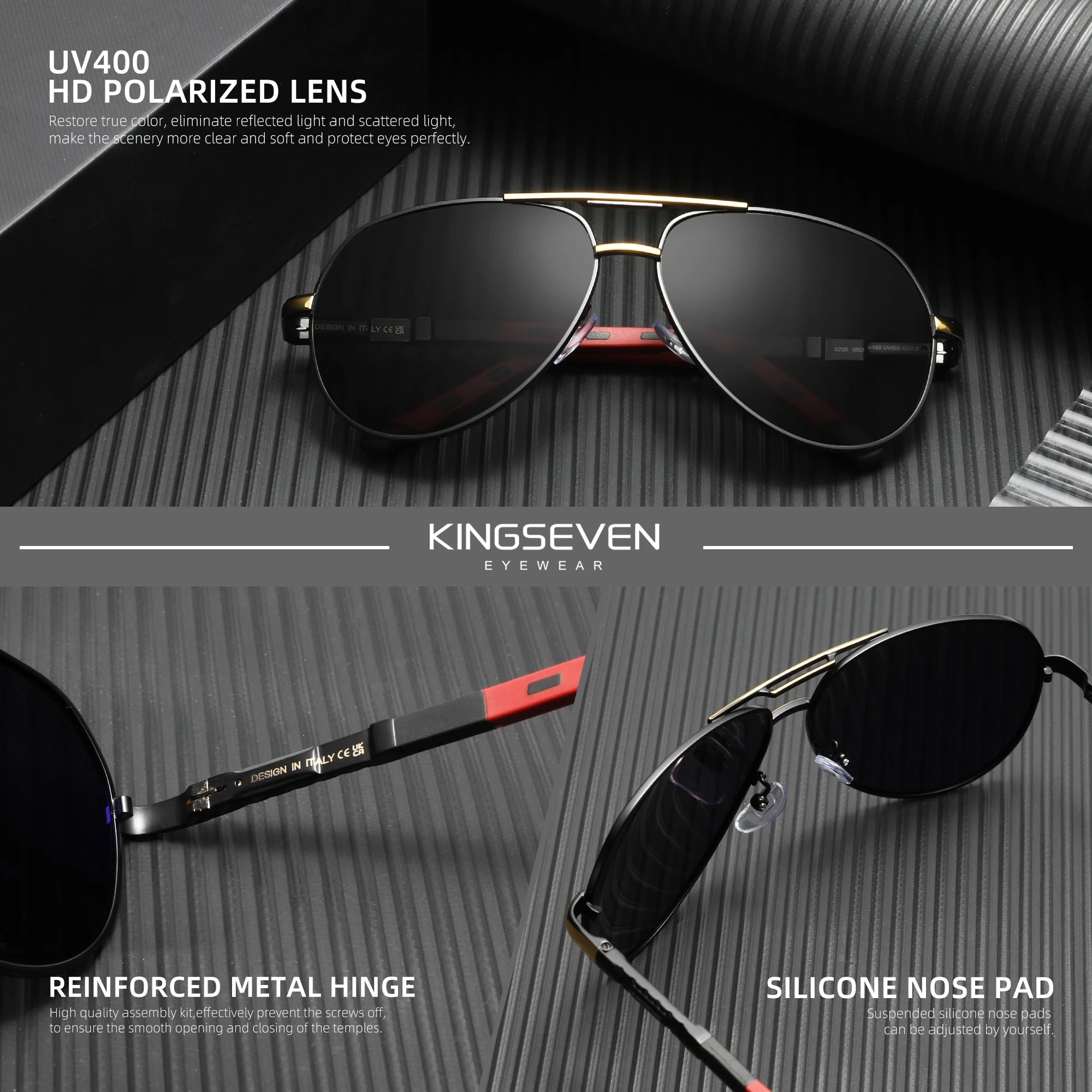 Black aviator sunglasses with gold bridge, polarized UV400 lenses, red-accented arms, silicone nose pads.