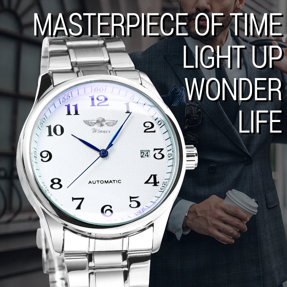 Winner Classic Business Watch for Men Retro Calendar Blue Hands Automatic Mechanical Watches Top Brand Luxury Steel Leather Belt