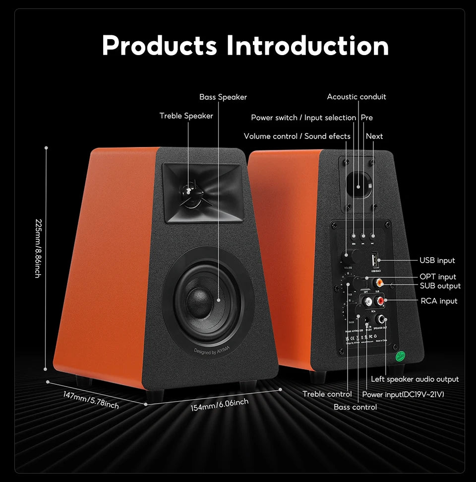 AIYIMA S30 Active Bookshelf Speakers Bluetooth 5.3 Wooden 100W Studio Monitor Speakers Hifi Home Theater Subwoofer Orange/White