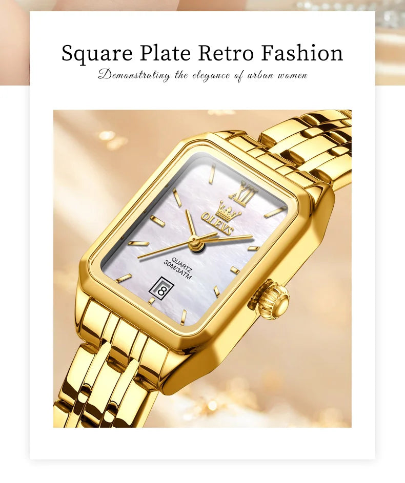 OLEVS 5616 New Quartz Watch for Women Fashion Elegant Square Golden Watch Calendar Waterproof Stainless Steel Ladies Wristwatch