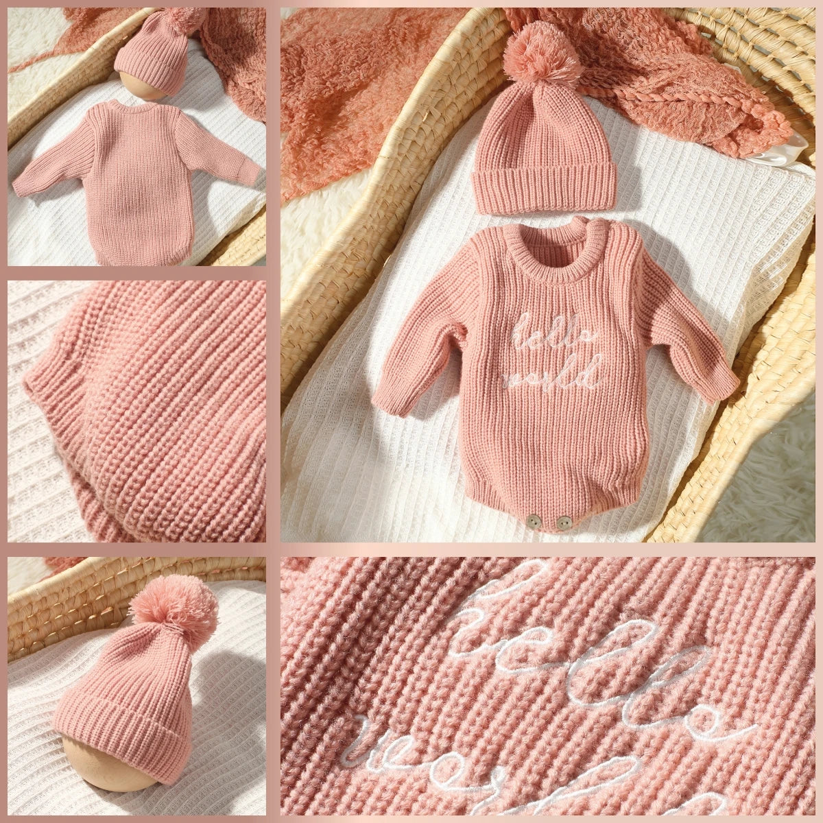 Hello World Knitting Newborn Photography Romper with Matching Pomp Hat Baby Boy Girl Sweater Outfits for Photo Shooting