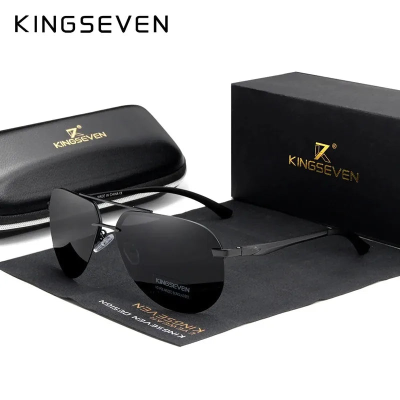 Men's black aviator sunglasses with KINGSEVEN branding, case, and box on display.