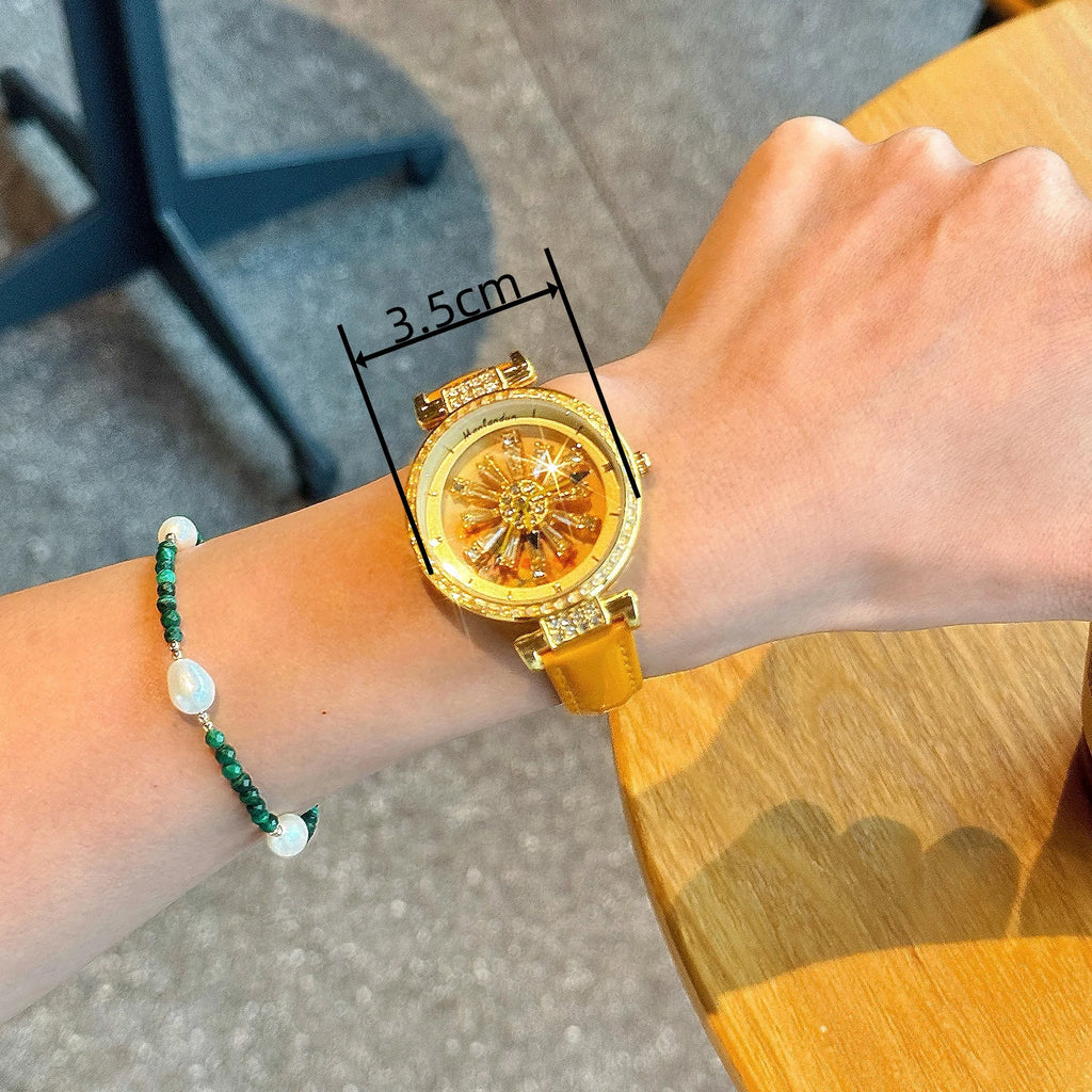 Fashionable Women's Watch With Transparent Back, Diamond Inlaid, Rotating Galaxy Dial, Sunflower Design Waterproof Quartz Watch