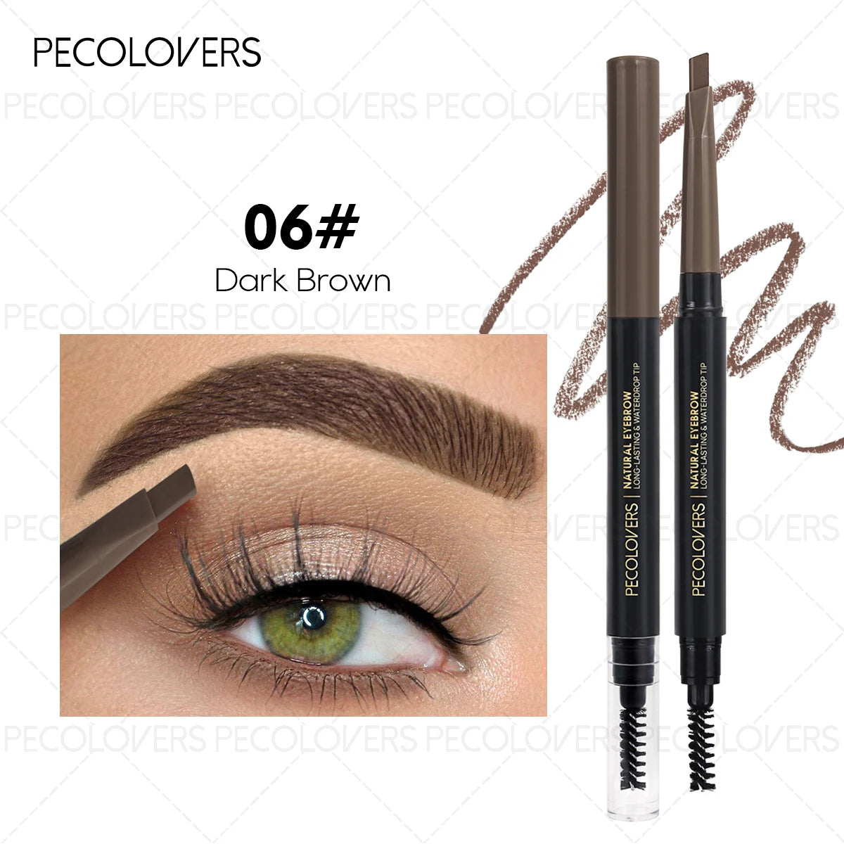 Dark brown eyebrow pencil with spoolie, natural eyebrow makeup, demonstration on model.