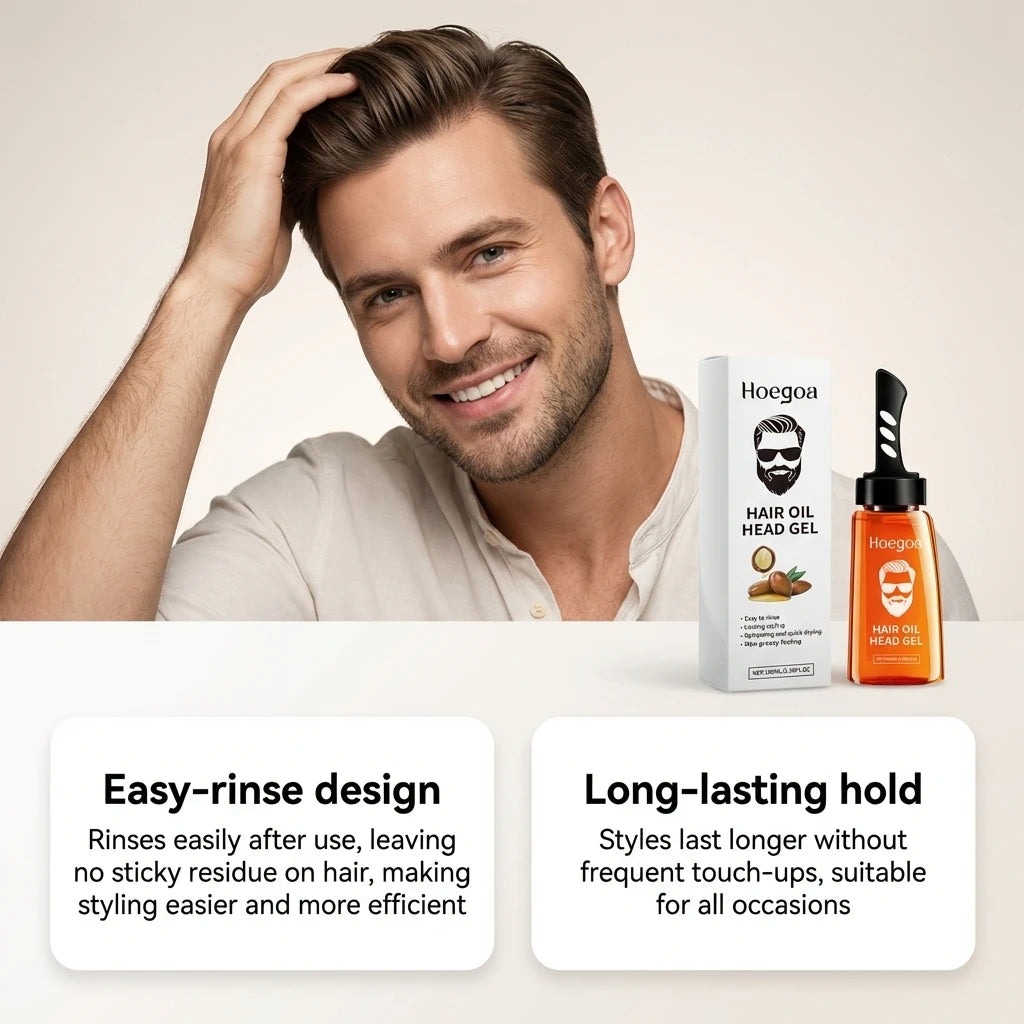 2 In 1 Men's Hair Styling Gel With Wide Tooth Comb Long-Lasting Fluffy Strong Hold Add Shine No-Greasy Hair Styling Oil Pomade