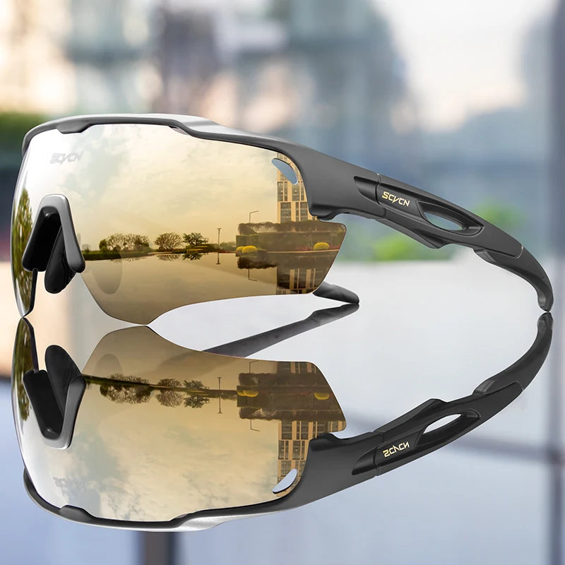 Sporty polarized sunglasses with mirrored lenses and black frame reflecting outdoor scenery