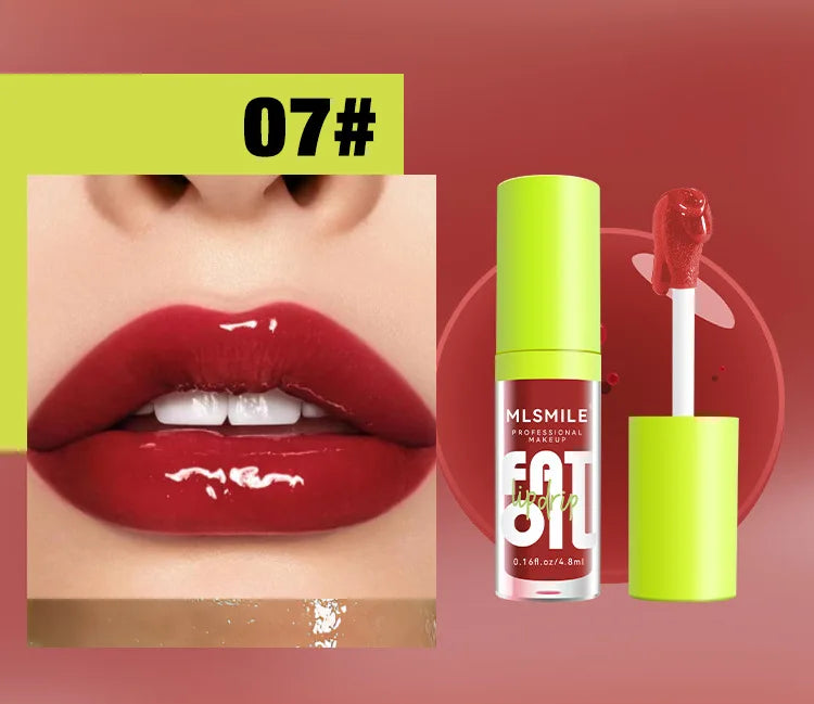 Shiny red lip gloss applied on lips, shown with MLMILE lip oil tube and applicator, shade 07#.