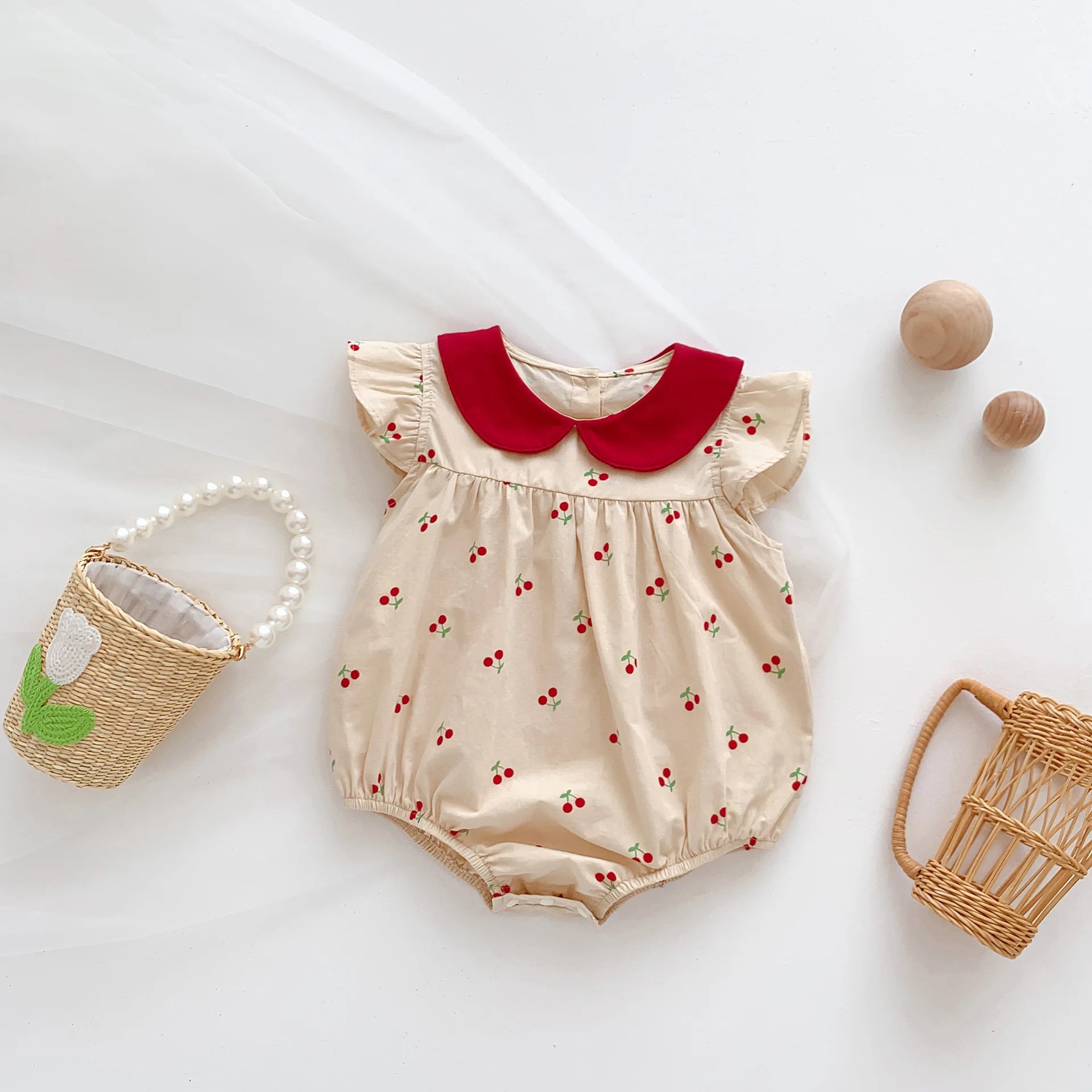 2026 Summer Baby Girls Bodysuit Full Of Cherry Print Toddler One Piece Sweet Peter Pan Collar Flying Sleeve Girls Clothes