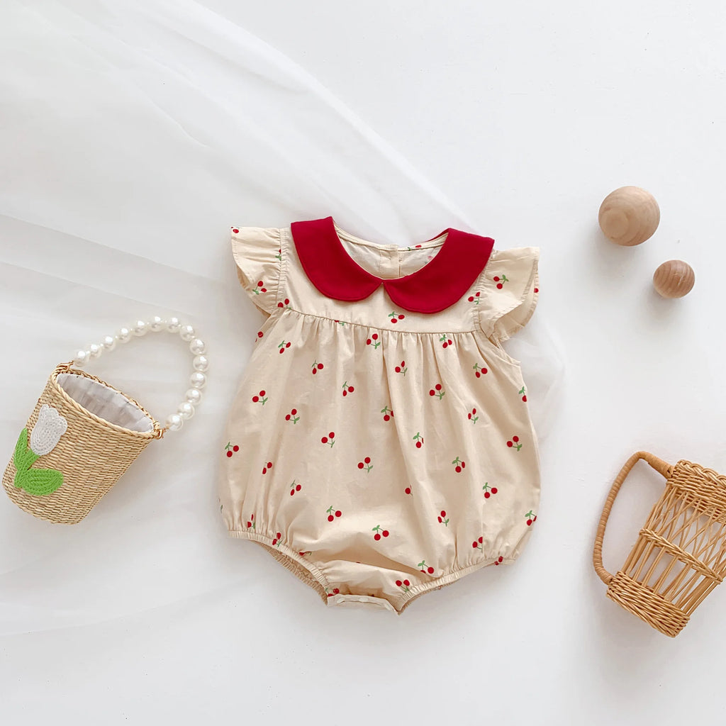 MILANCEL 2024 Summer Girls Bodysuit Full Of Cherry Print Toddler One Piece Peter Pan Collar  Girls Clothes