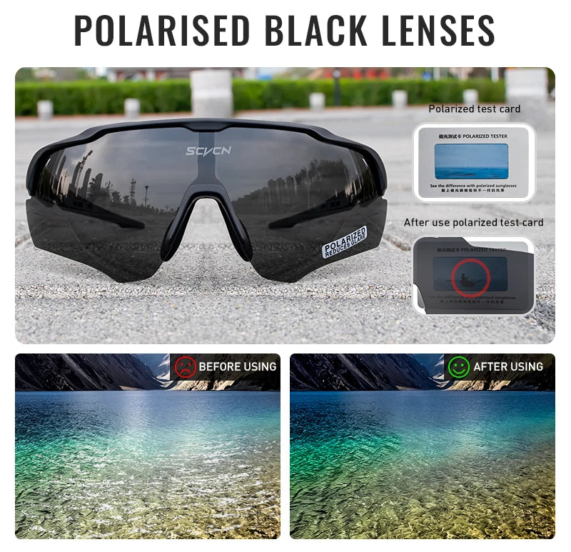Polarized black sports sunglasses with UV protection, shown with lens test and comparison visuals.