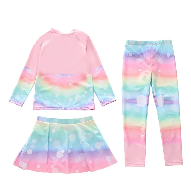 Swimsuit for Children Long Sleeve Rash Guard Swim Skirt and Surf Pant Set Sunscreen UV Protection Beach Kids Bath Clothes Girl