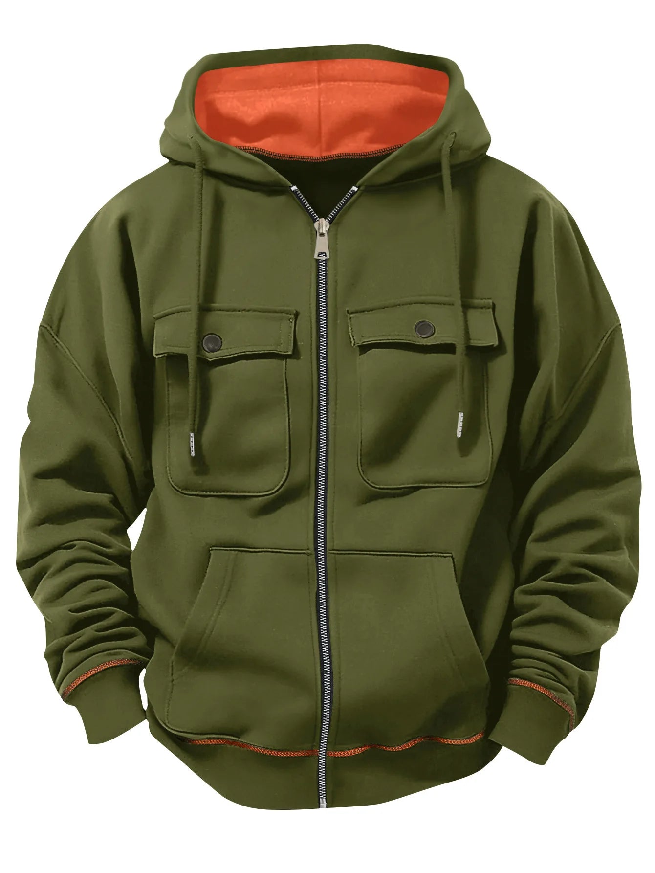 2026 New model retro workwear hooded sweatshirt, men's zipper solid-color warm sports shirt with multiple pockets hooded jacket