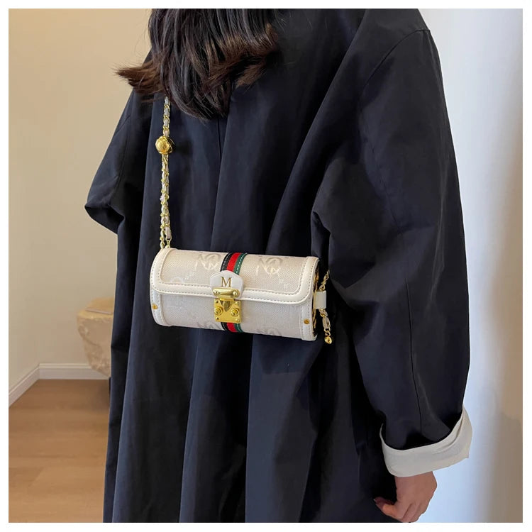 Fashionable Retro Summer Women's Chain Crossbody Bag Trendy Cylinder Bag Soft PU Leather Casual Style Small Size Korean Style